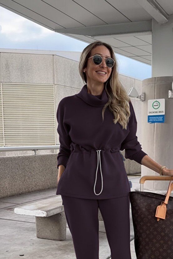 EQURİ Kadın Uzun Kollu Balıkçı Yaka Belden Lastikli Modal Bluz Ve Pantolon Ikili Takım