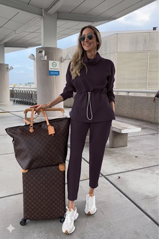 EQURİ Kadın Uzun Kollu Balıkçı Yaka Belden Lastikli Modal Bluz Ve Pantolon Ikili Takım