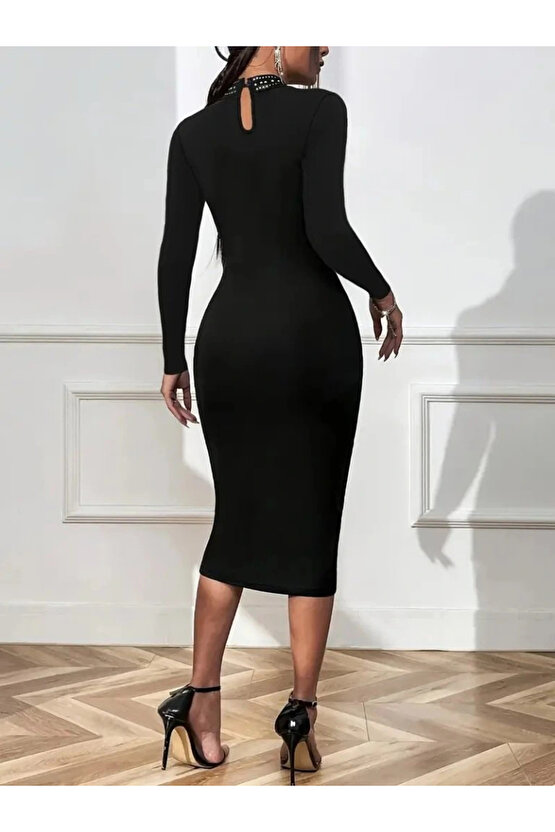 Kadın Uzun Kollu Balıkçı Yaka Taşlı Damla Detay Midi Ithal Krep Elbise