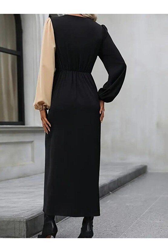 Kadın Uzun Kollu Kruvaze Yakalı Belden çapraz Detaylı çift Renkli Midi Ithal Krep Elbise