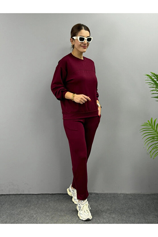 Kadın Uzun Kollu Bisiklet Yaka Viskon Iki Iplik Bluz Ve Pantolon Ikili Takım