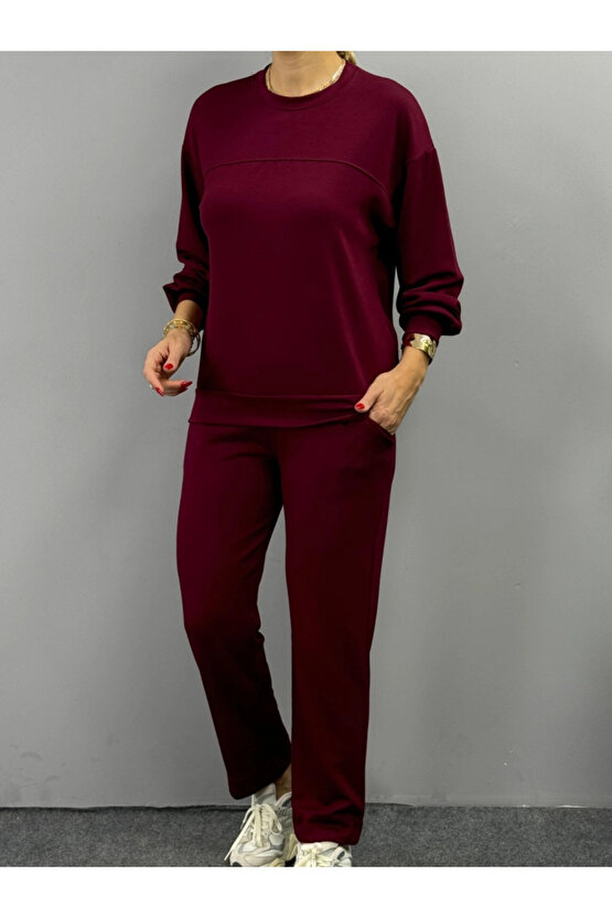 Kadın Uzun Kollu Bisiklet Yaka Viskon Iki Iplik Bluz Ve Pantolon Ikili Takım