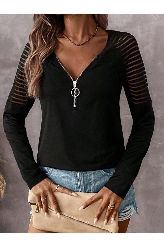 Kadın Uzun Kollu Yakadan Fermuarlı Viskon Bluz