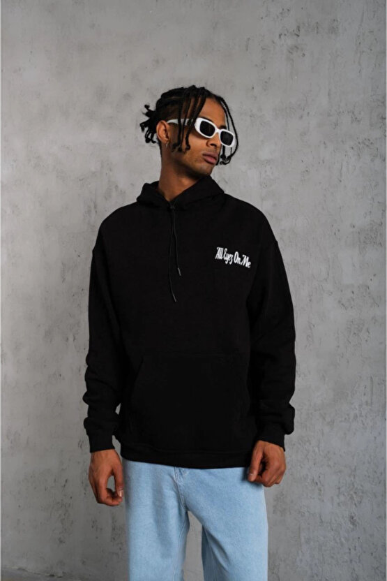 EQURİ Erkek Oversize Üç İplik Kapüşonlu Sweat – Siyah Kol Ve Etek Ribana Detaylı, Ön Ve Sırt Baskılı