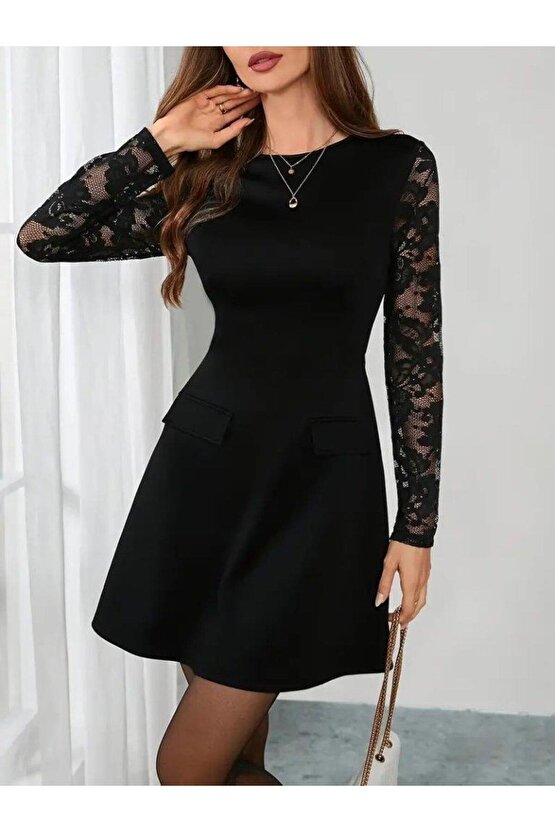 Kadın Uzun Kollu Bisiklet Yaka Kolları Tül Detaylı Mini Ithal Krep Elbise