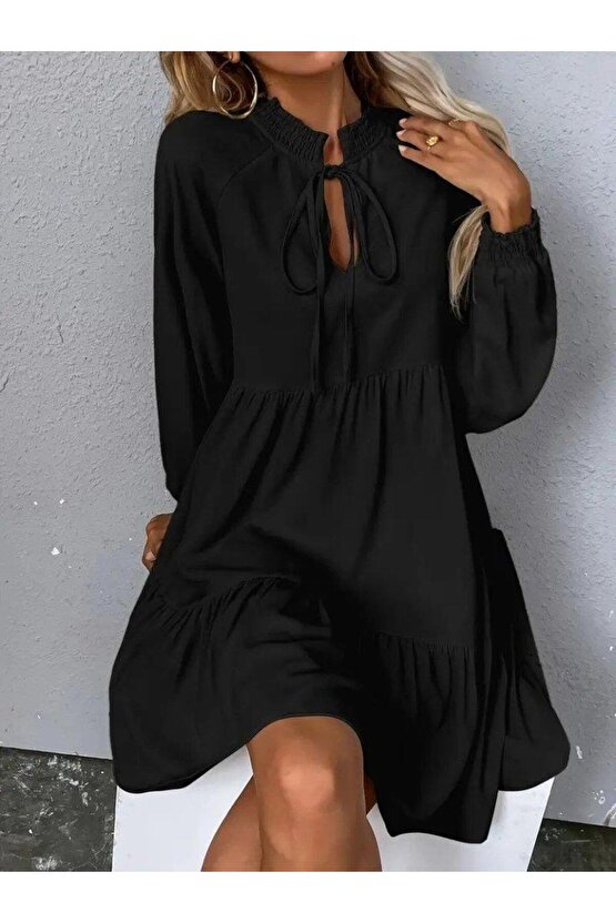 Kadın Uzun Kollu Yakadan Bağcıklı Fırfırlı Keten Mini Elbise