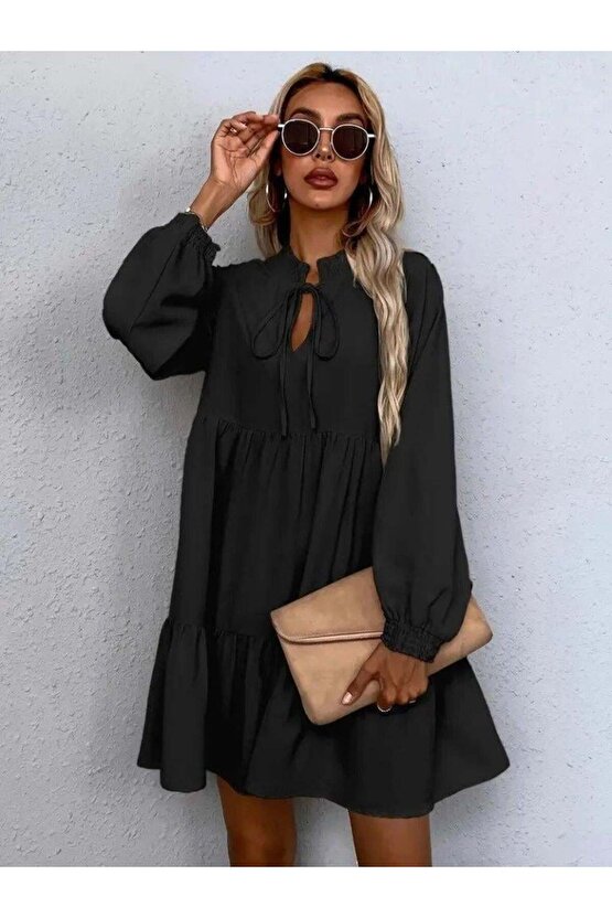 Kadın Uzun Kollu Yakadan Bağcıklı Fırfırlı Keten Mini Elbise