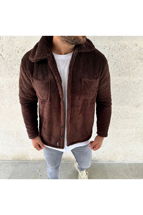 Erkek Pelüş Polar Hırka Gömlek – Yakalı, İlik Düğmeli, Göğüs Cepli, Yumuşak Dokulu Kışlık Regular Fi