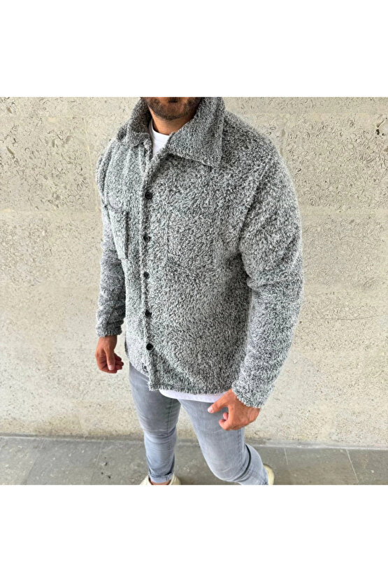 Erkek Pelüş Polar Hırka Gömlek – Yakalı, İlik Düğmeli, Göğüs Cepli, Yumuşak Dokulu Kışlık Regular Fi