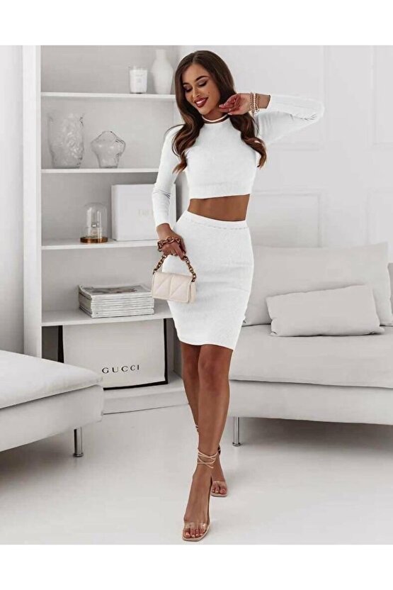 EQURİ Kadın Uzun Kollubisiklet Yaka Kısa Crop Ve Yüksek Bel Mini Etek Kaşkorse Kumaş Ikili Takım