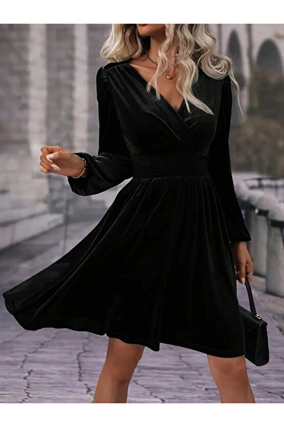 Kadın Uzun Kollu Kruvaze Yaka Beli Lastikli Kiloş Kadife Elbise