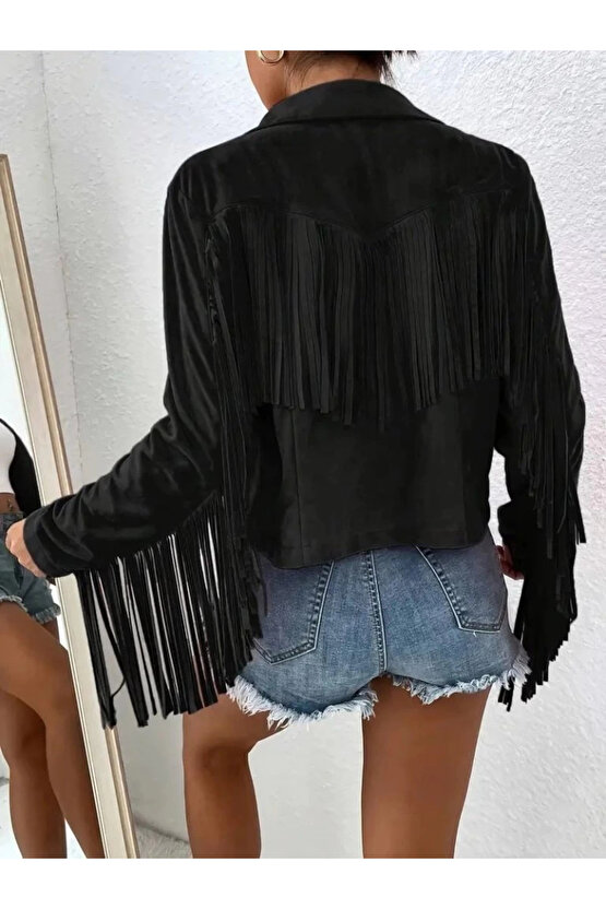 MDB Kadın Uzun Kollu Yakalı Kısa Püsküllü Süet Ceket