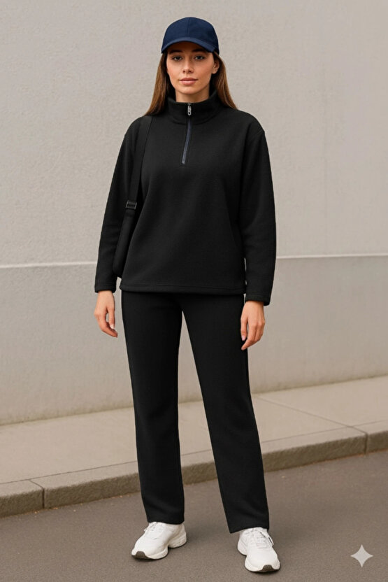 Kadın Balıkçı Yaka Fermuar Detay Polar Sweat Ve Pantolon Ikili Takım