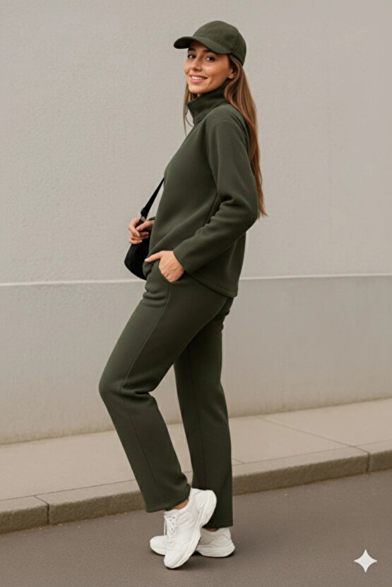 Kadın Balıkçı Yaka Fermuar Detay Polar Sweat Ve Pantolon Ikili Takım