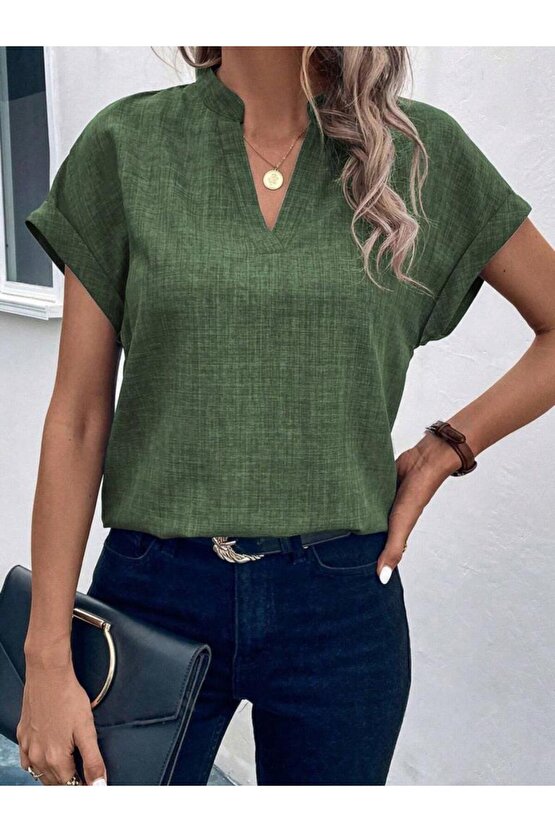 Kadın Kısa Kollu Hakim Yaka Keten Bluz