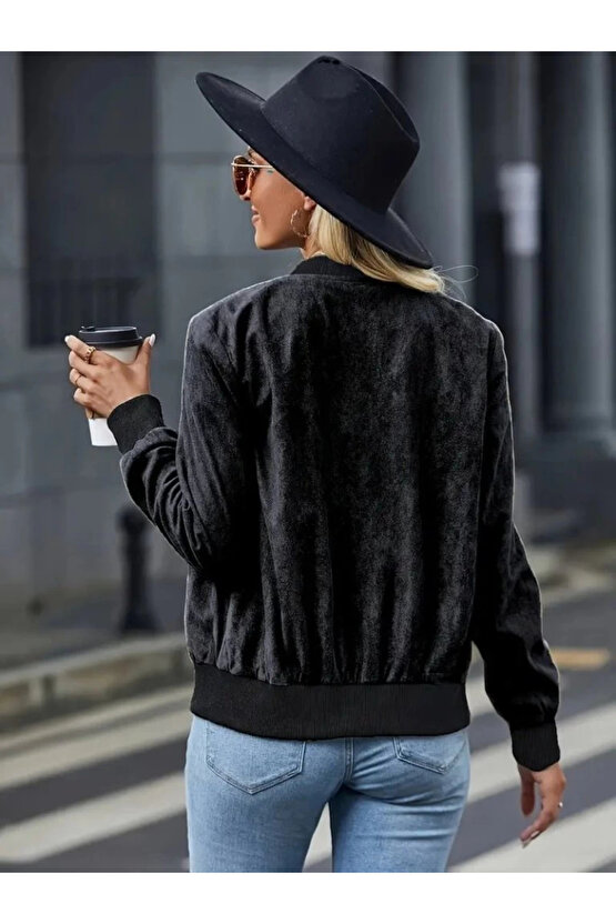 MDB Kadın Uzun Kollu önden Fermuarlı Süet Ceket