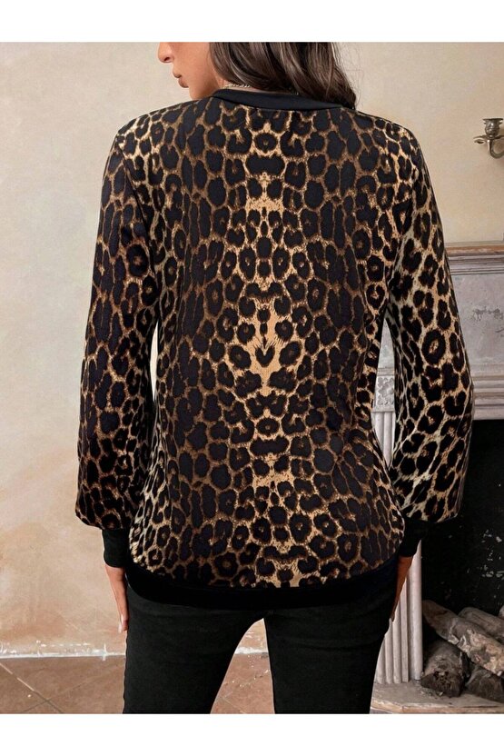 Kadın Uzun Kollu V Yakalı Desenli Süprem Bluz