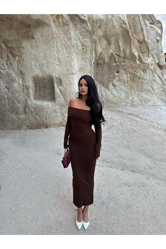 Kadın Uzun Kollu Madonna Yaka Midi Boy Elbise