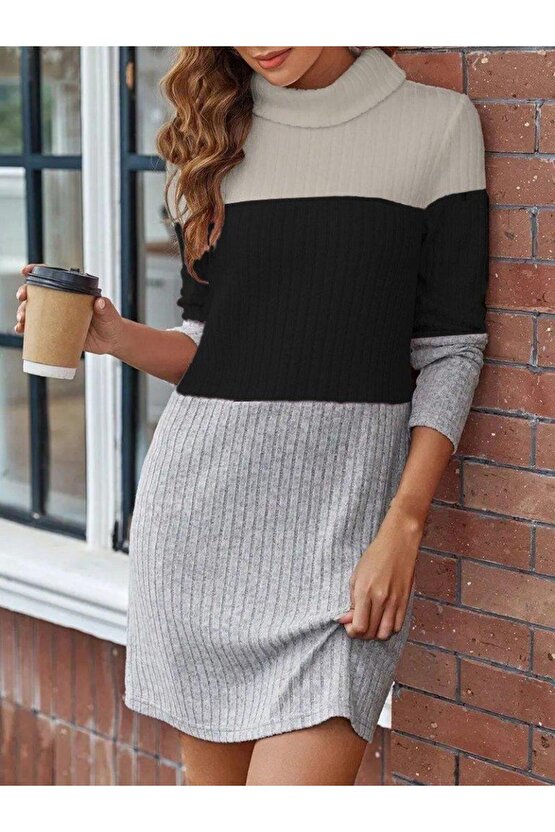 Kadın Uzun Kollu Balıkçı Yaka çizgili çok Renkli Mini şardonlu Kaşkorsel Elbise