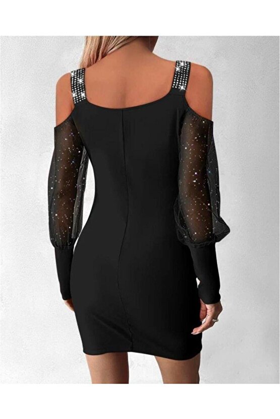 Kadın Kruvaze Yaka Omuz Ve Sırt Dekolteli Taş Detay Mini Elbise