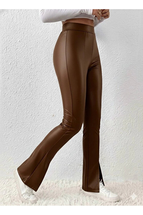 MDB Kadın Yüksek Bel önden Yırtmaçlı Deri Tayt