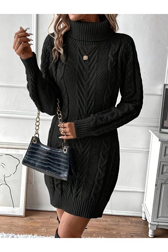 Kadın Balıkçı Yaka Mini Triko Elbise