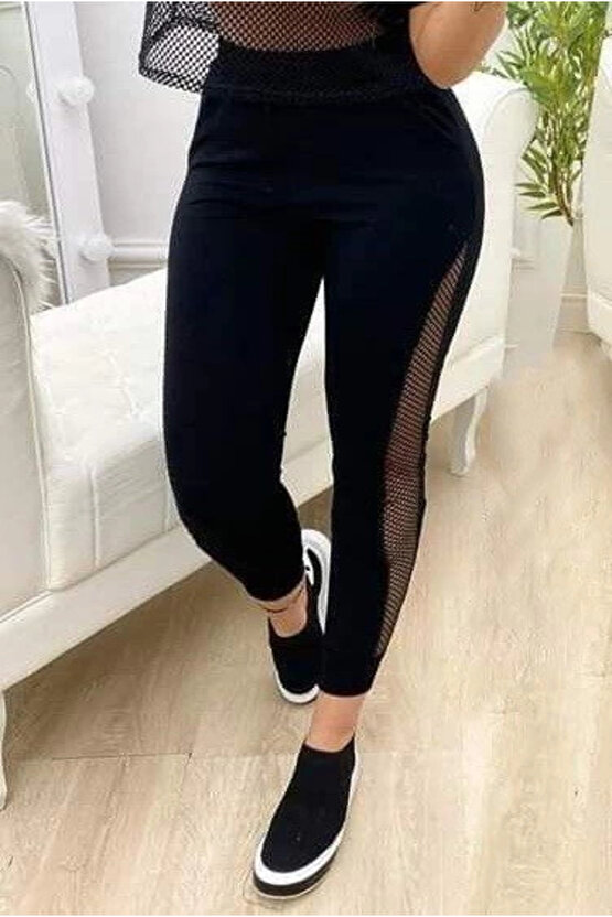 Kadın Yüksek Bel File Detaylı Dar Kesim Viskon Iki Iplik Pantolon