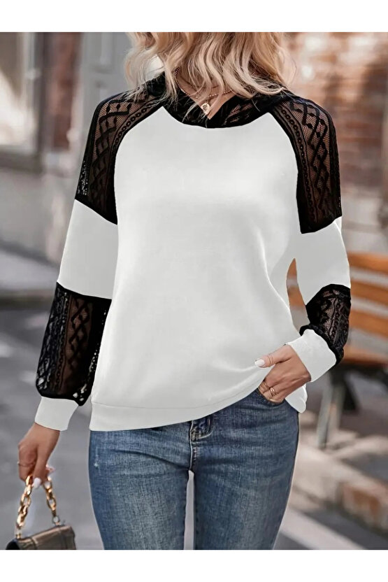 Kadın Uzun Kollu Dantelli Kapşonlu Viskon Iki Iplik Bluz