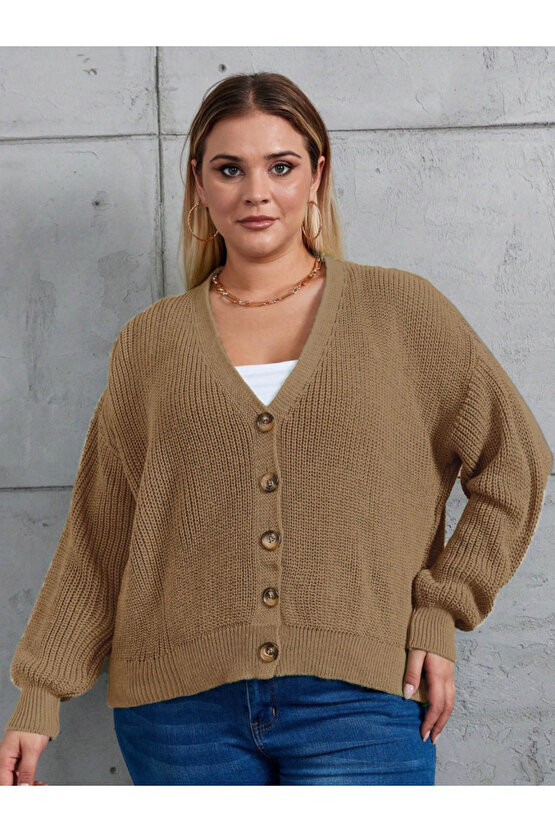 EQURİ Kadın Beş Düğme Büyük Beden Triko Hırka