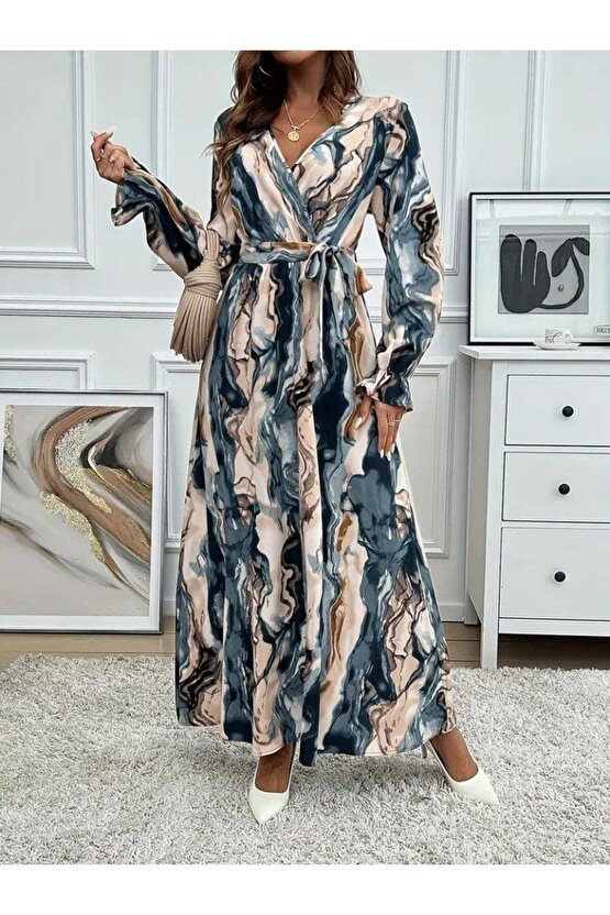 Kadın Uzun Kollu Kruvaze Yakalı Beli Kuşaklı Desenli Süprem Maxi Elbise