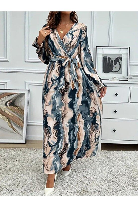 Kadın Uzun Kollu Kruvaze Yakalı Beli Kuşaklı Desenli Süprem Maxi Elbise