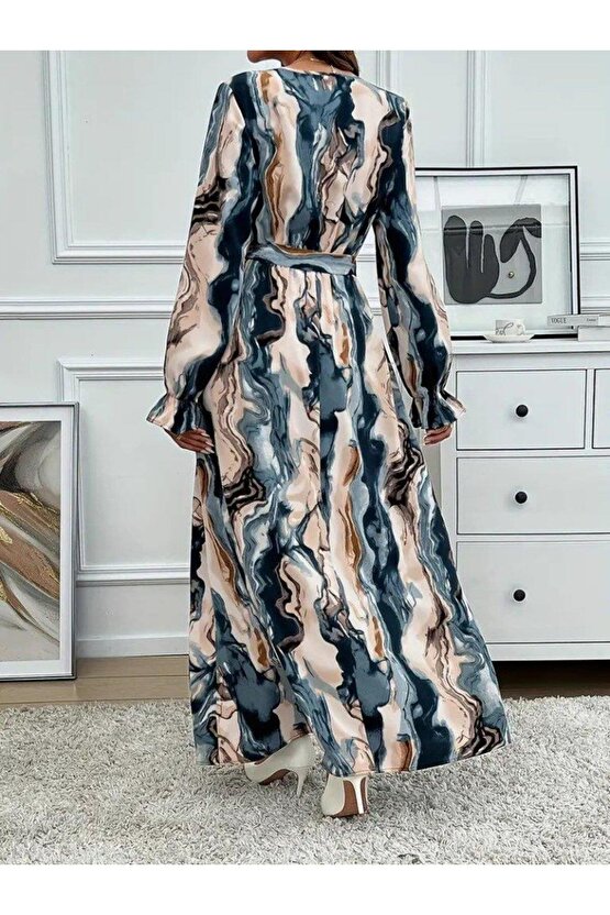 Kadın Uzun Kollu Kruvaze Yakalı Beli Kuşaklı Desenli Süprem Maxi Elbise