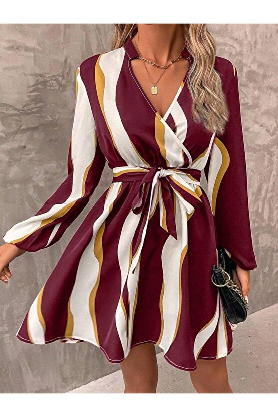 Kadın Uzun Kollu Kruvaze Yakalı Desenli Modal Mini Elbise