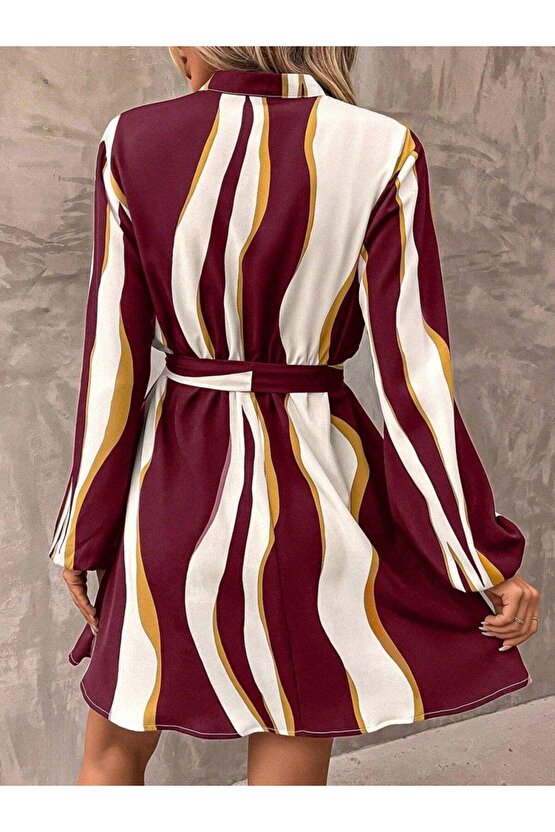 Kadın Uzun Kollu Kruvaze Yakalı Desenli Modal Mini Elbise