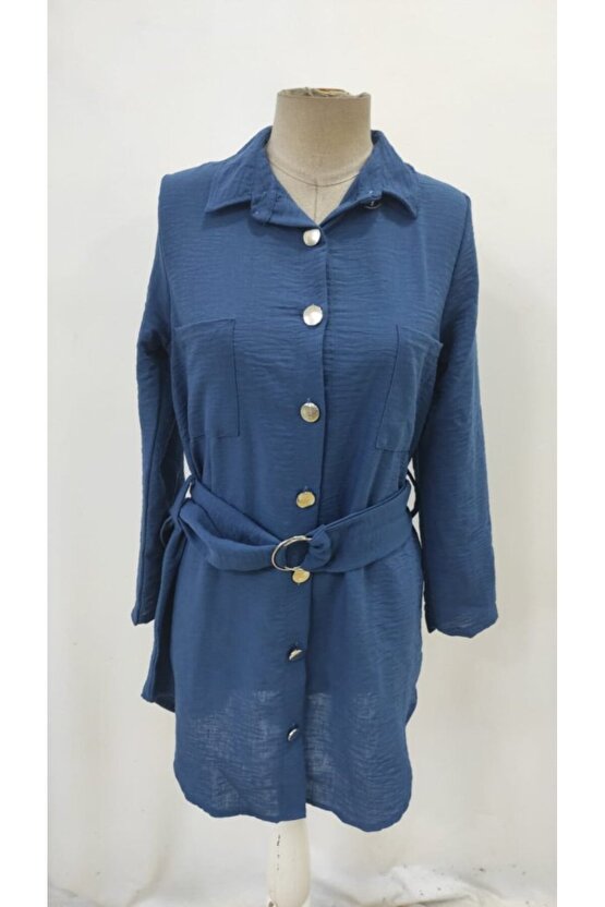 Kadın Uzun Kollu Yakalı önden Düğmeli Beli Kuşaklı Mini Ithal Keten Elbise