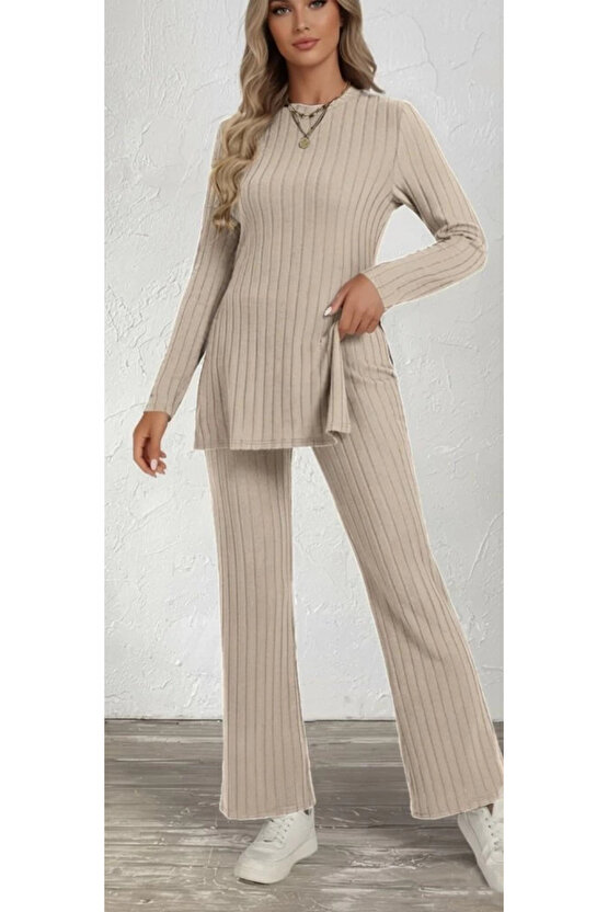 Kadın Uzun Kollu Bisiklet Yaka Yandan Yırtmaçlı şardonlu Kaşkorse Bluz Ve Pantolon Ikili Takım