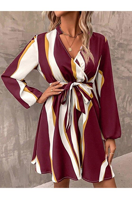 Kadın Uzun Kollu Kruvaze Yakalı Desenli Modal Mini Elbise