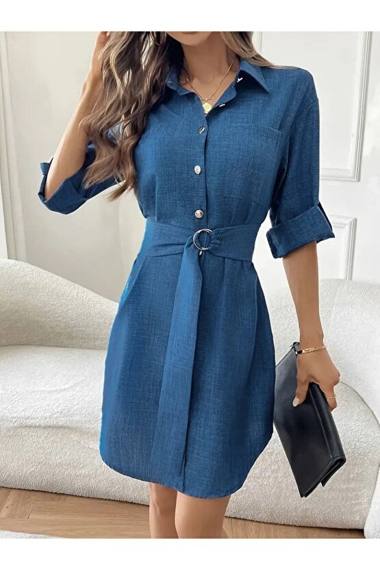 Kadın Uzun Kollu Yakalı önden Düğmeli Beli Kuşaklı Mini Ithal Keten Elbise