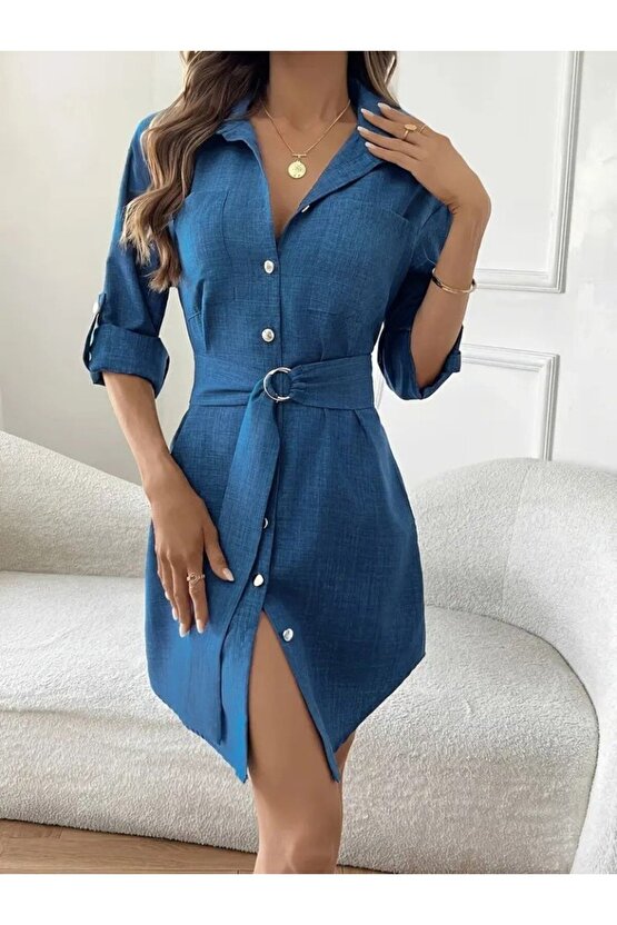 Kadın Uzun Kollu Yakalı önden Düğmeli Beli Kuşaklı Mini Ithal Keten Elbise