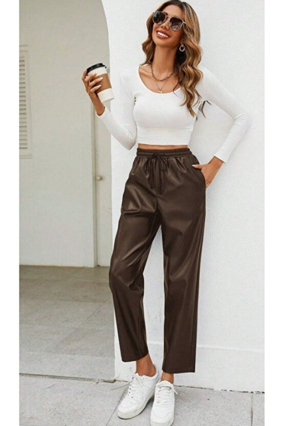 Kadın Yüksel Bel Bağcıklı Deri Pantolon