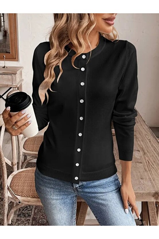 Kadın Uzun Kollu önden Düğmeli Triko Ceket