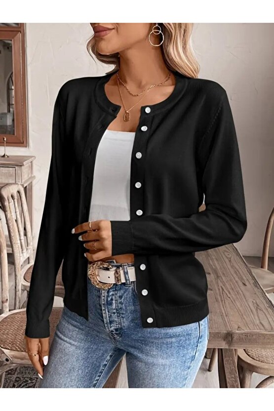 Kadın Uzun Kollu önden Düğmeli Triko Ceket