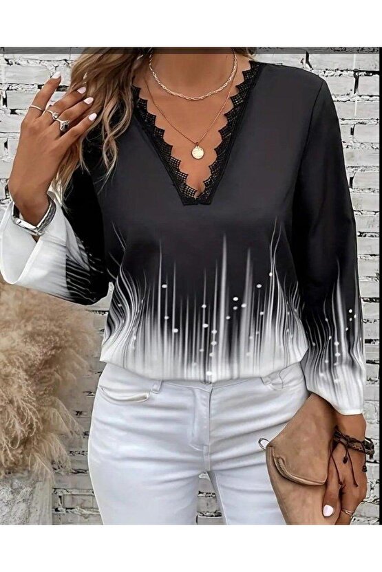 Kadın Uzun Kollu V Dantel Yaka Desenli Modal Bluz
