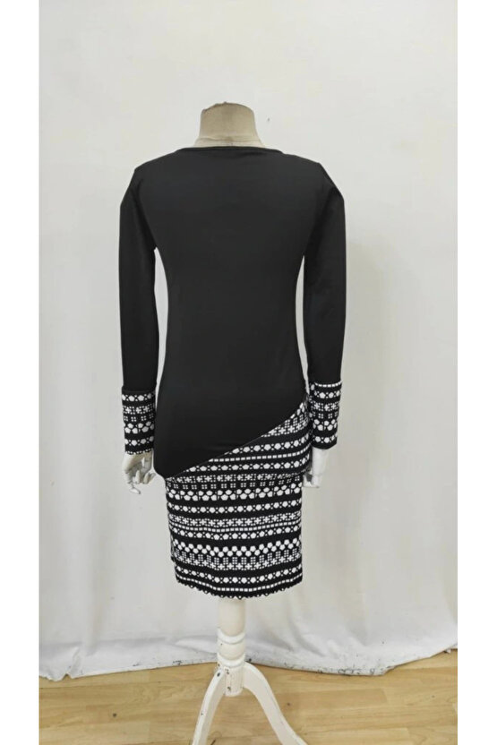 MDB Kadın Uzun Kollu Bisiklet Yaka Desenli Dalgıç Elbise