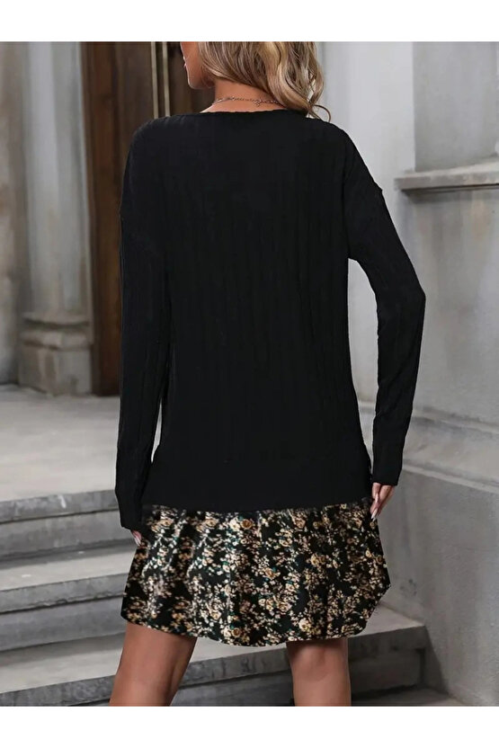 Kadın Uzun Kollu Bisiklet Yaka şardonlu Kaşkorse Bluz Ve Süprem Etek Elbise