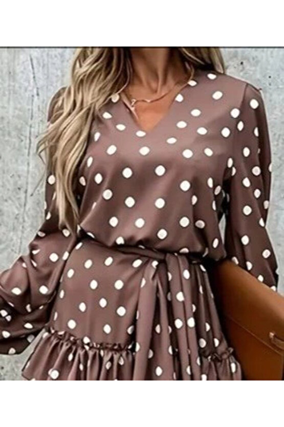 MDB Kadın Uzun Kollu V Yakalı Belden Kuşaklı Puantiyeli Mini Modal Elbise