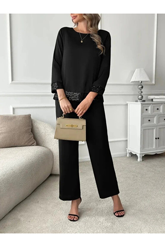 MDB Kadın Uzun Kollu Bisiklet Yaka Pulpayetli Viskon Iki Iplik Bluz Ve Pantolon Ikili Takım