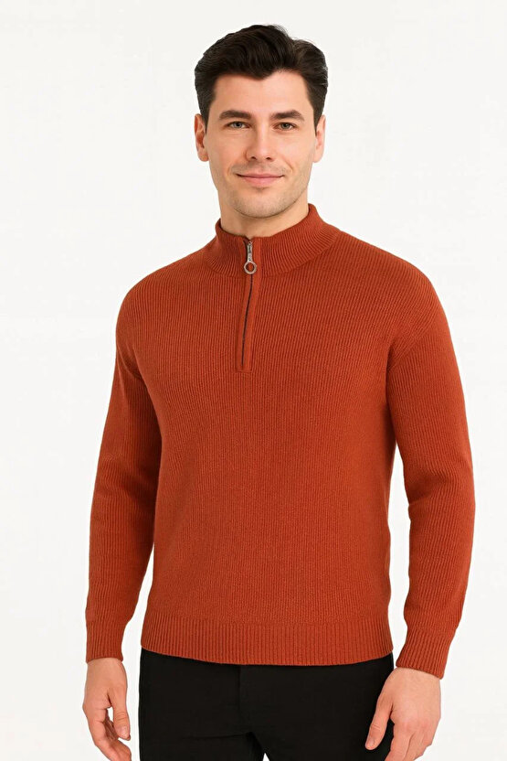 Erkek Yarım Fermuarlı Triko Kazak – Selanik Örgü, Dik Yaka, Pamuklu Dokuma, Regular Fit Uzun Kollu K