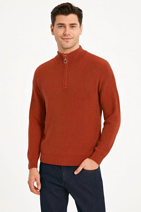 Erkek Yarım Fermuarlı Triko Kazak – Selanik Örgü, Dik Yaka, Pamuklu Dokuma, Regular Fit Uzun Kollu K