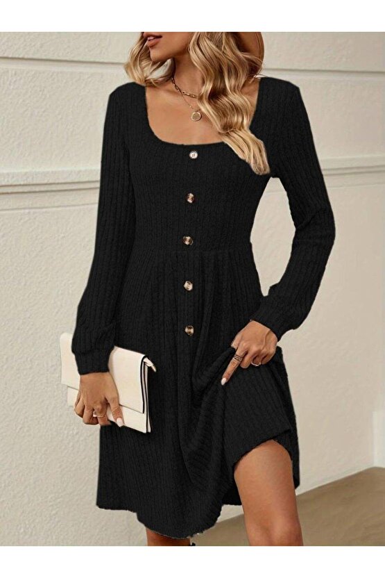 Kadın Uzun Kollu Kare Yaka Düğmeli Kısa şardonlu Iki Iplik Mini Elbise